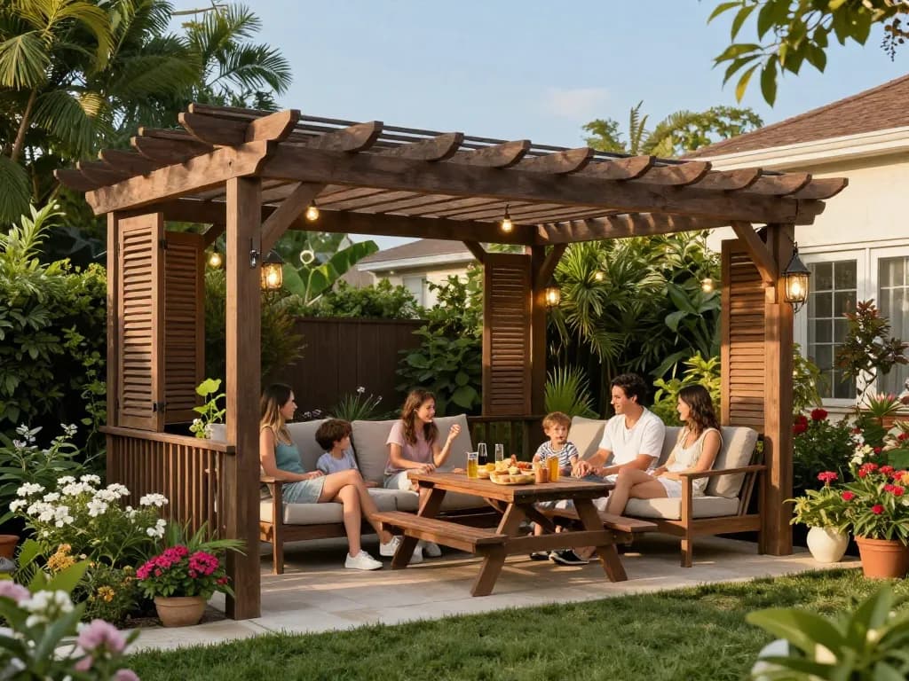 Custom pergola configurator showcasing family enjoying outdoor space with adjustable louvered panels and ambient lighting.