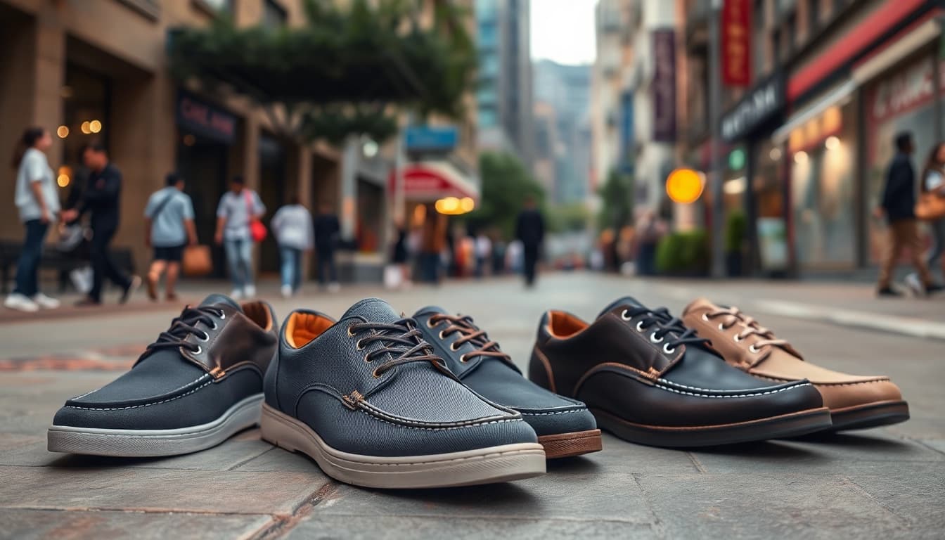 Zapatos casual hombre exhibiendo estilos modernos y cómodos en un entorno urbano.
