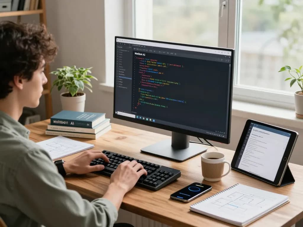 Moltbot AI workspace with developer coding, showcasing clawdbot ai interface and productivity tools in cozy home office.