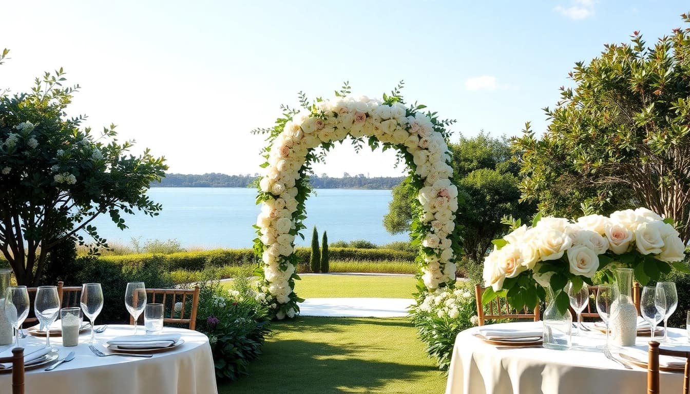 Beautifully arranged wedding ceremony at a Jacksonville Wedding Venue with floral decor and lake backdrop.