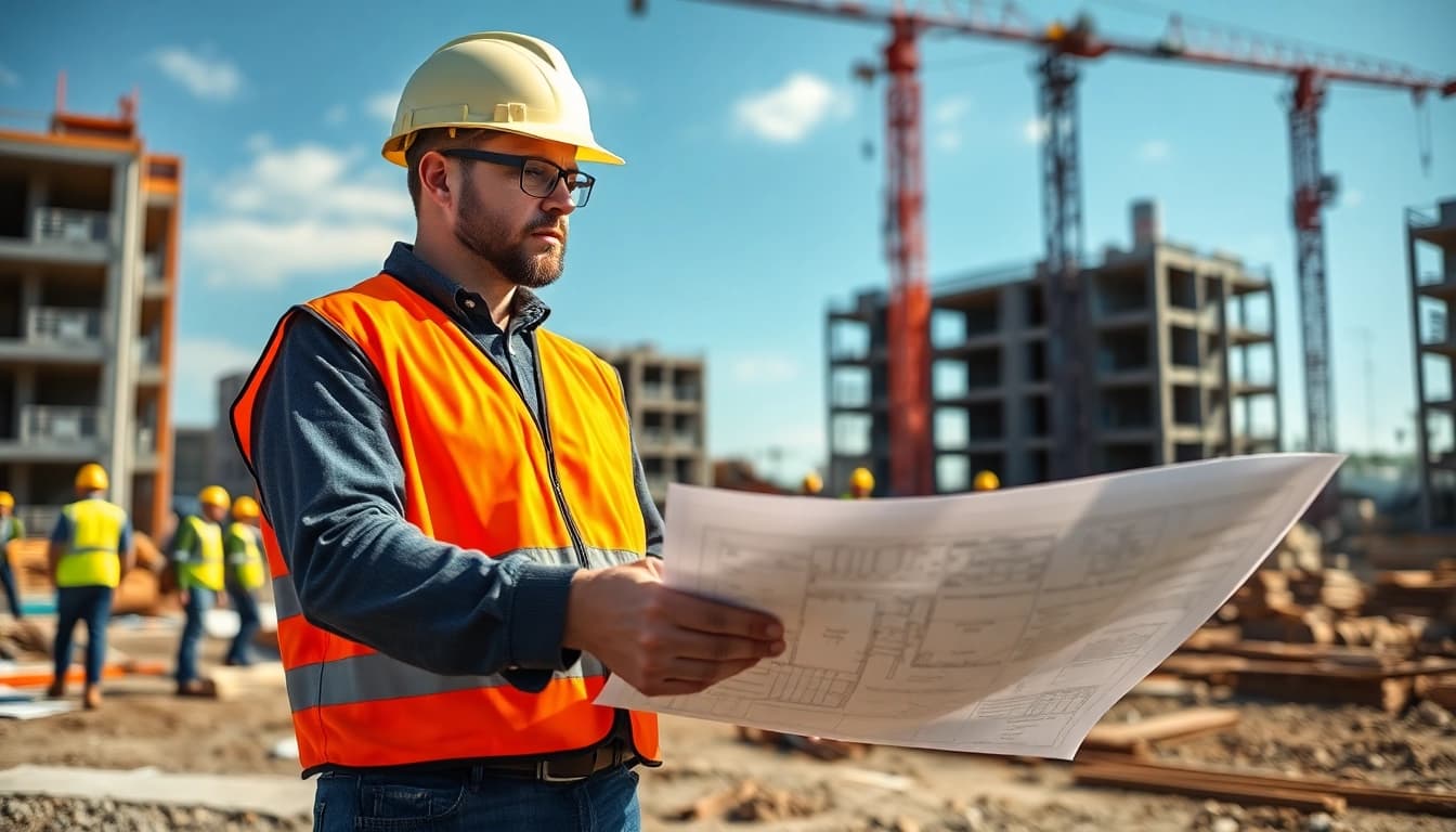 New Jersey Construction Manager overseeing construction with detailed blueprints on site.