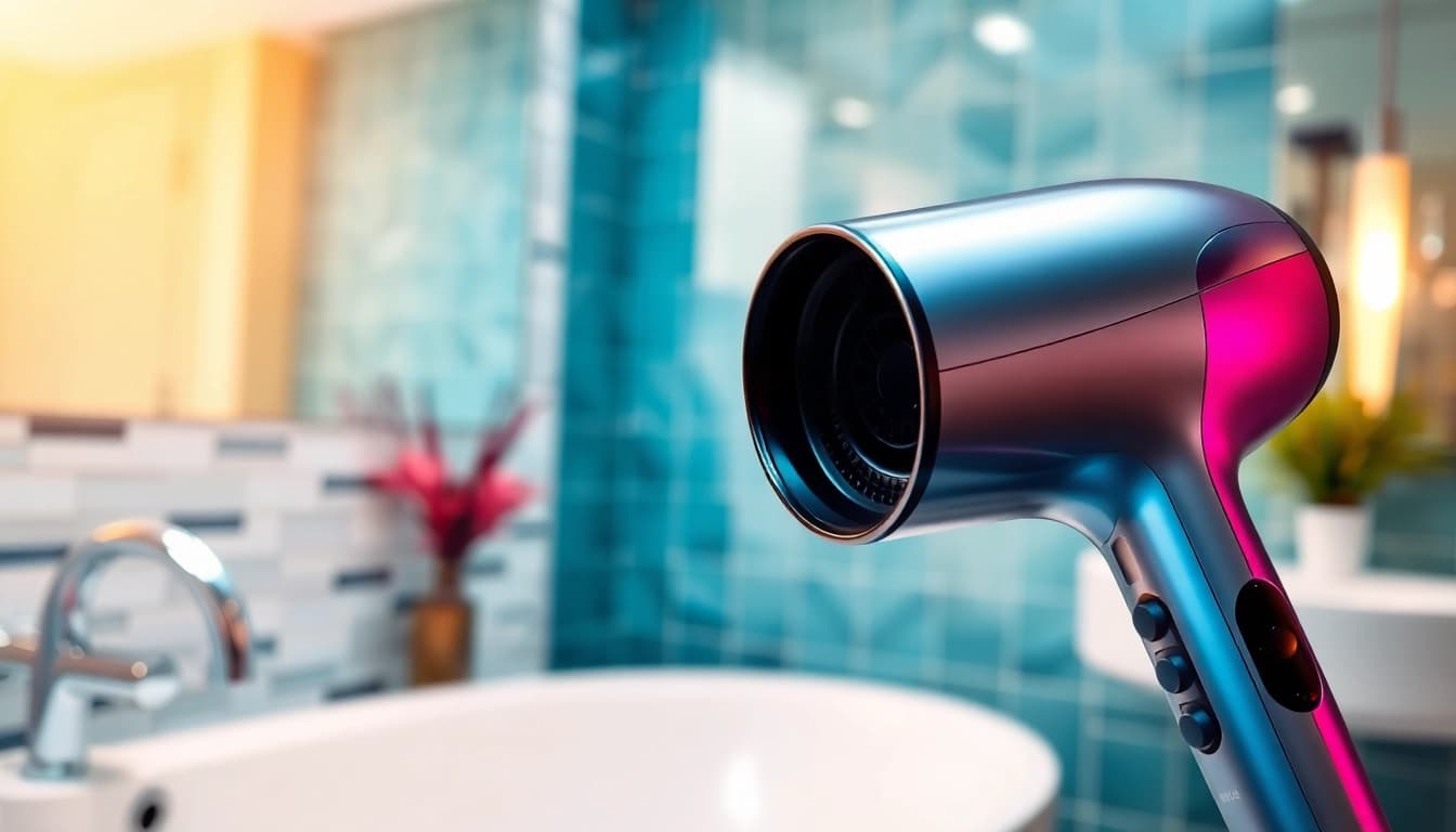 Hair dryer for frizzy hair displayed in a stylish bathroom setting, emphasizing its sleek design.