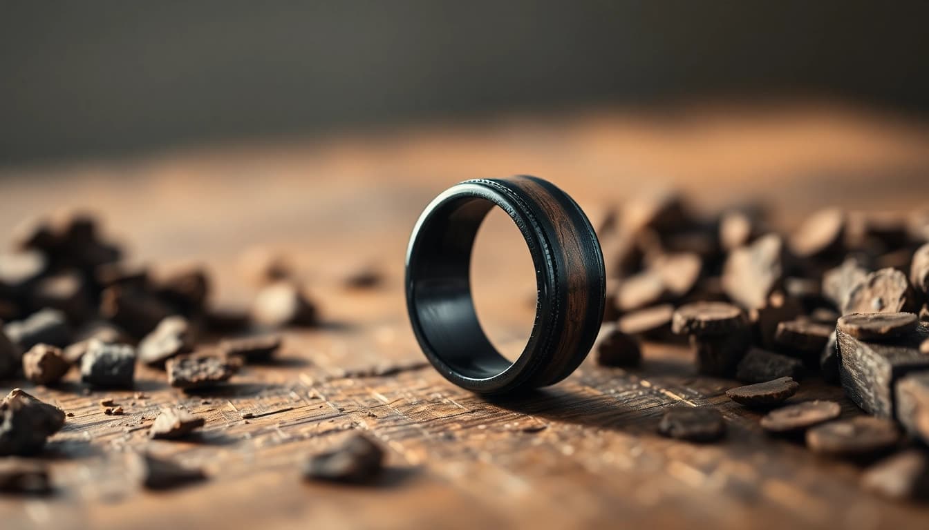 Showcase Whiskey Barrel Wedding Bands featuring textured wood grain and rustic charm.