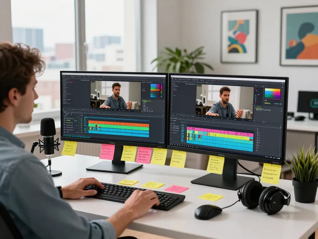 Content creator using video to prompt ai in a bright editing studio with dual monitors.