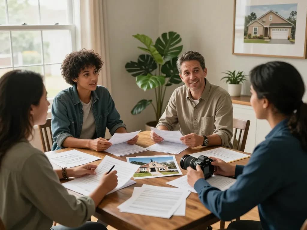 We buy houses for cash negotiation scene with friendly buyers and diverse sellers at table, showcasing trust.