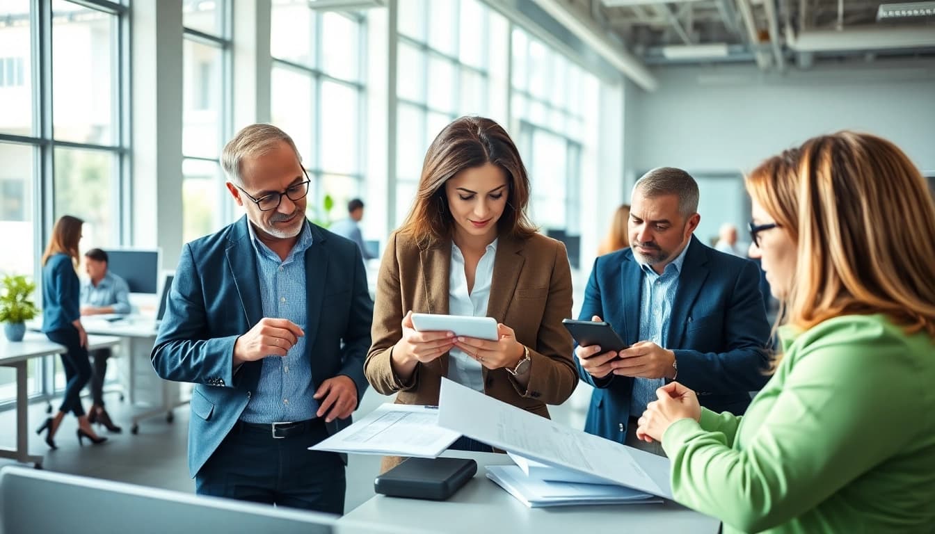 Engaging scene of a warranty company for customers and repair providers discussing service processes.