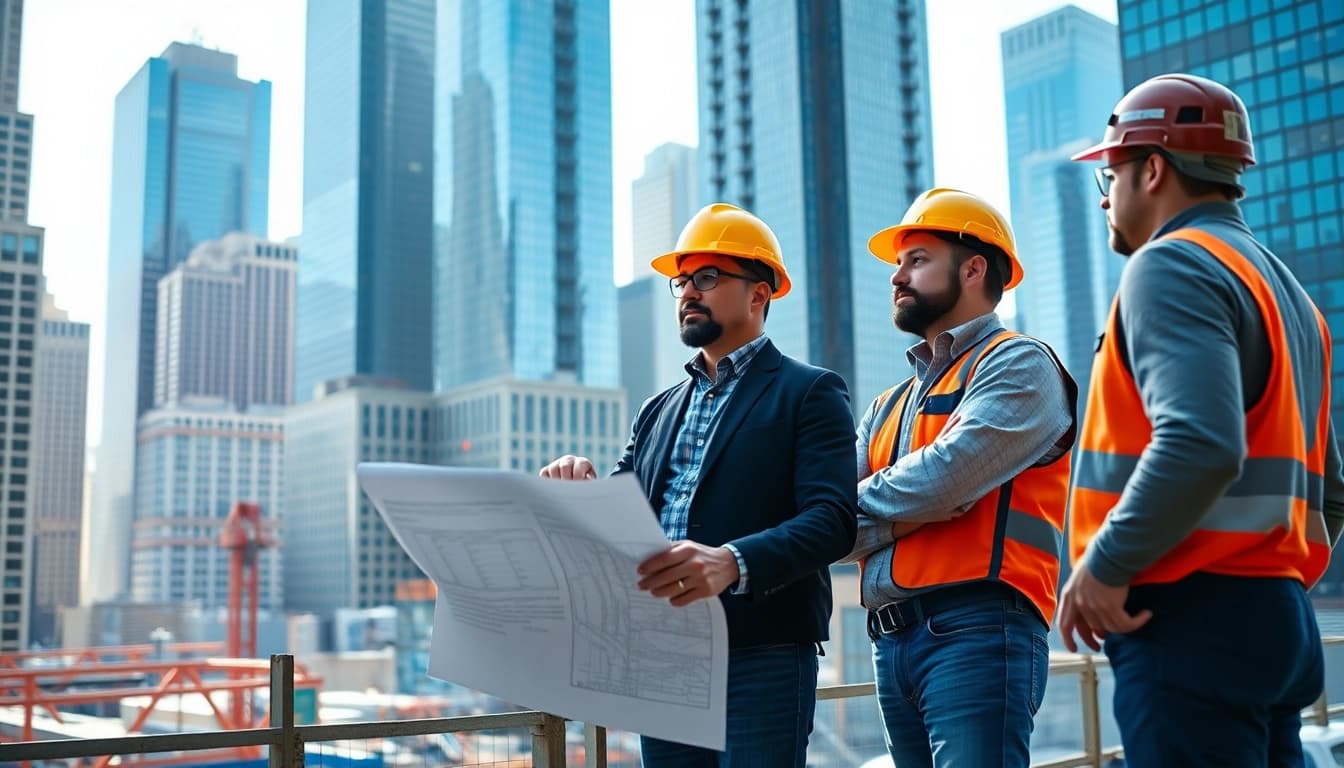 Manhattan General Contractor managing a bustling construction site in NYC, showcasing teamwork and project progress.