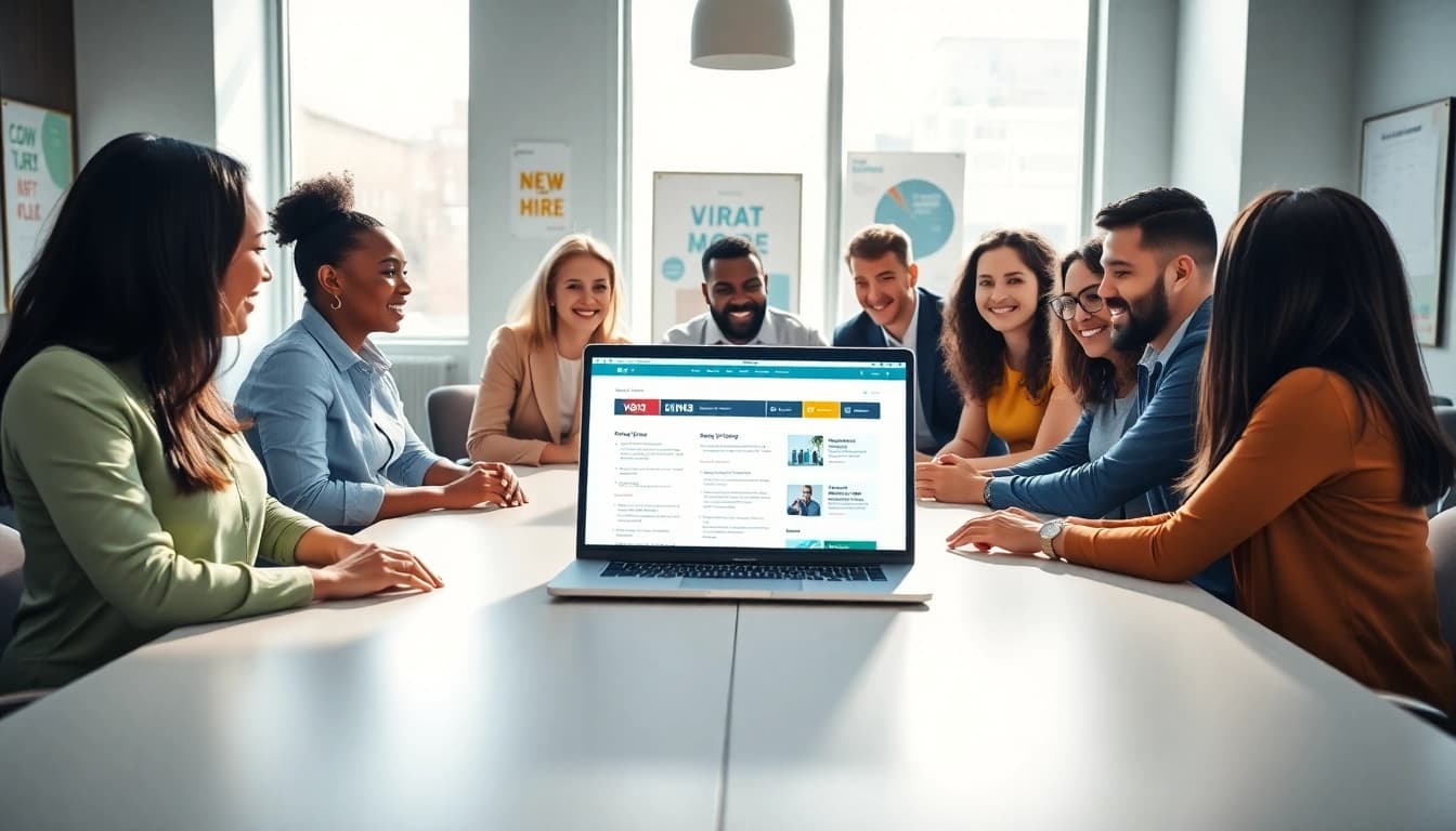 Engaged team discussing new hire jobs in a vibrant office setting.