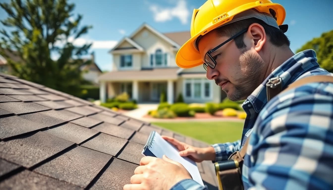 Contractor performing Roof repair inspection on a suburban home, ensuring quality and safety.