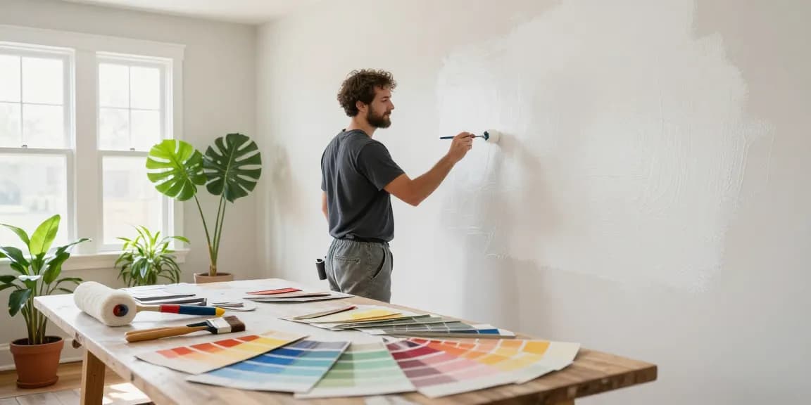 Interior painters Columbus Ohio applying fresh paint in a bright living room filled with plants and natural light.