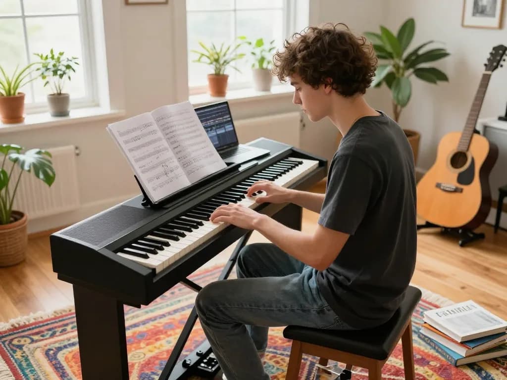 Young musician playing go 88 keyboard in a vibrant home music studio.