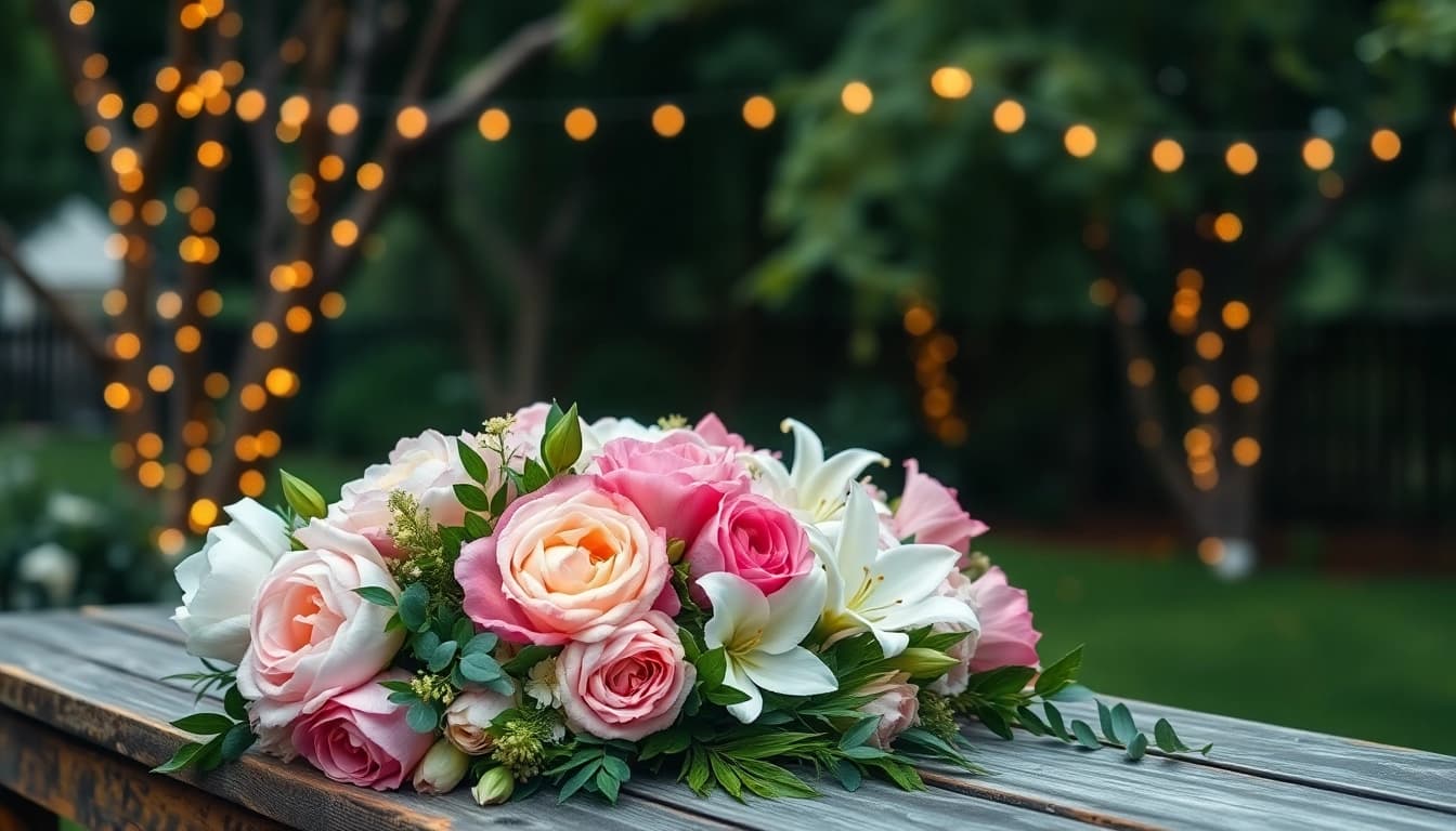 Delicate wedding flowers arranged beautifully in a garden setting, showcasing vibrant colors and inviting textures.