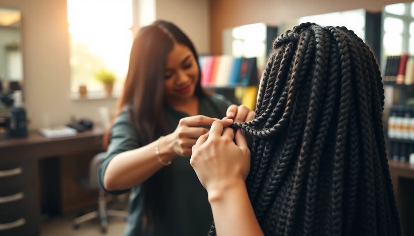 Sew in weft hair extensions being expertly added by a stylist in a modern salon.