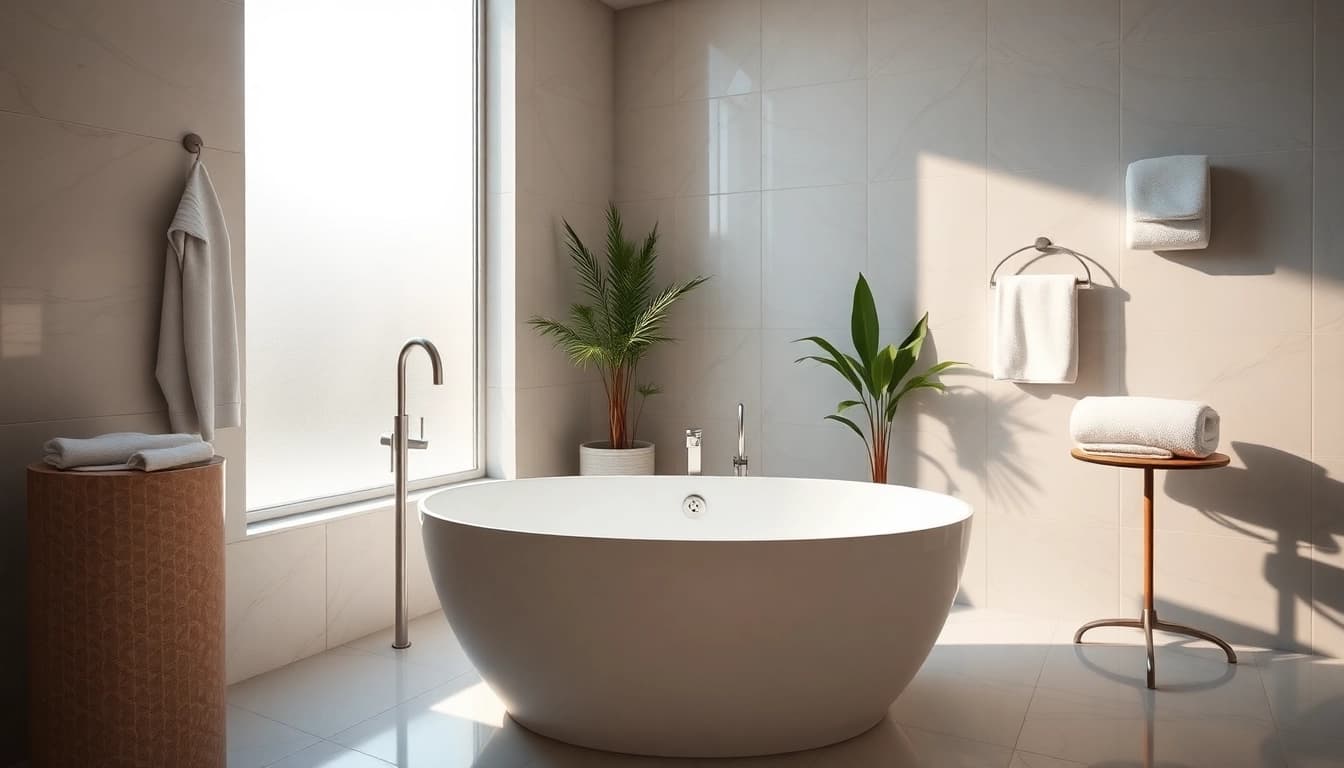 Vasca da bagno elegante in un bagno luminoso con decorazioni moderne.