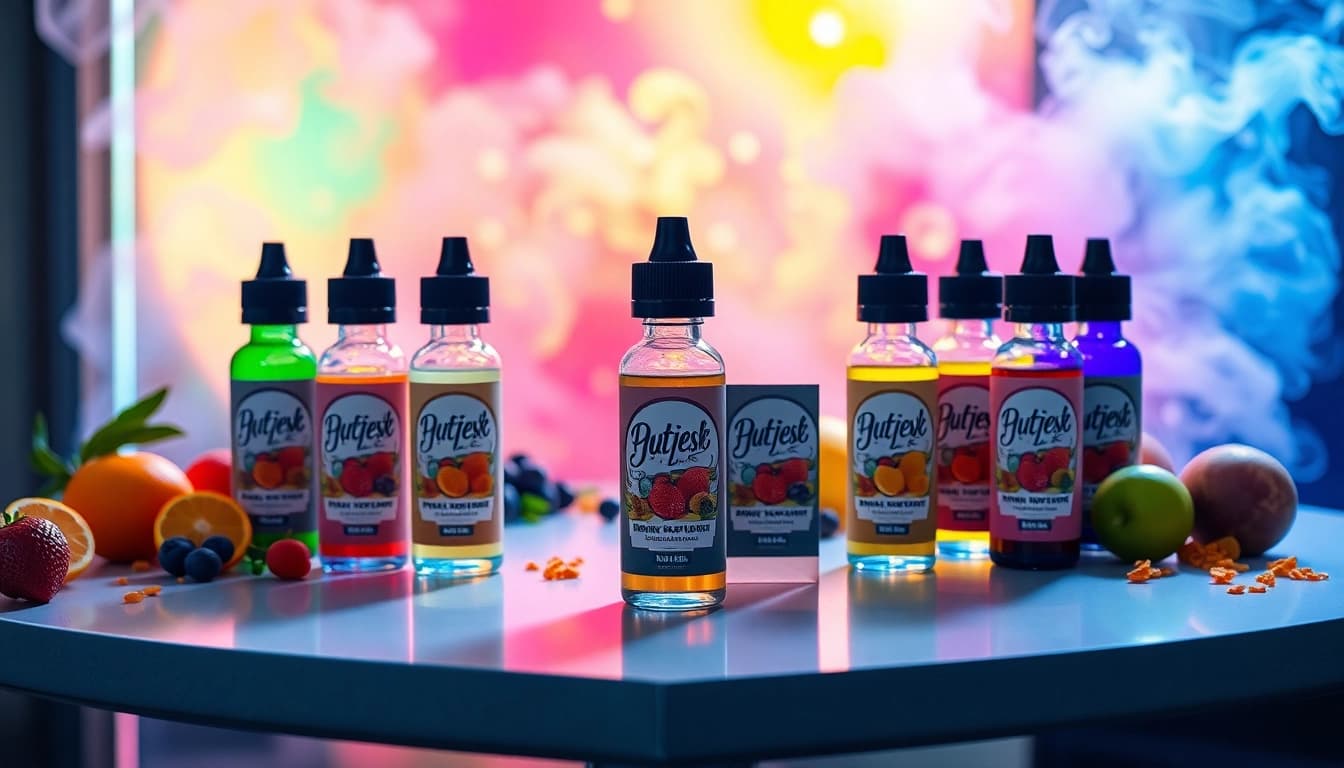 Stylish arrangement of vape juice bottles showcasing vibrant flavors on a modern table.