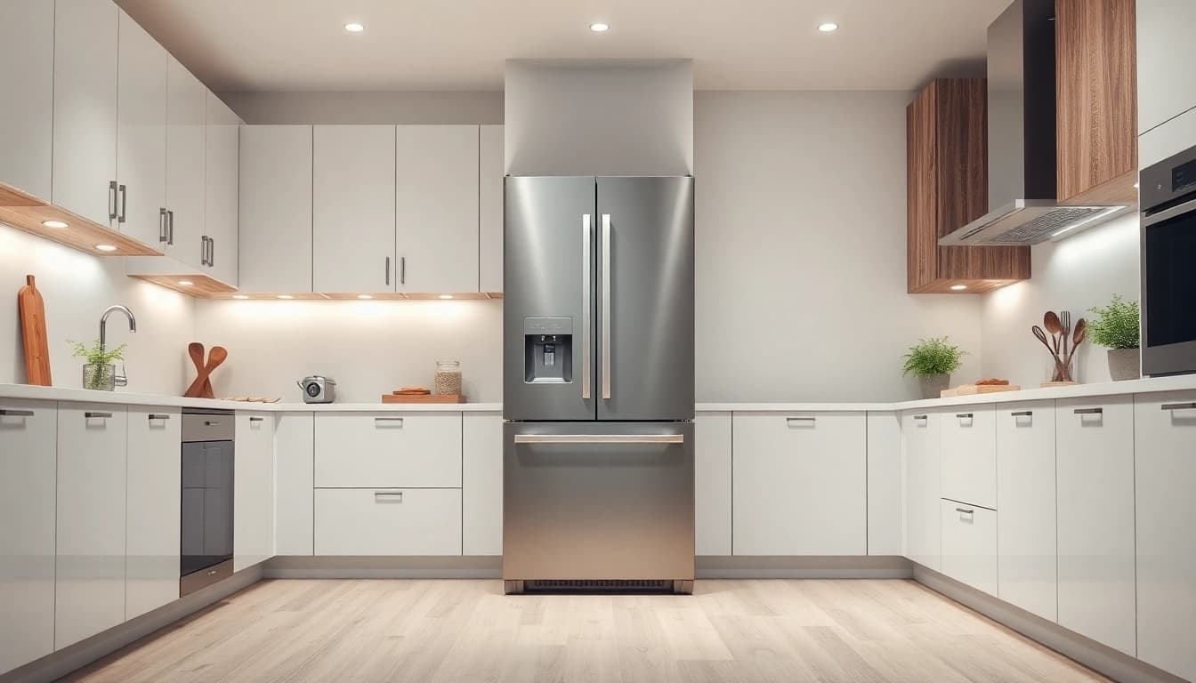 Showcase of refrigerator sales with a modern kitchen featuring a stylish refrigerator in focus.