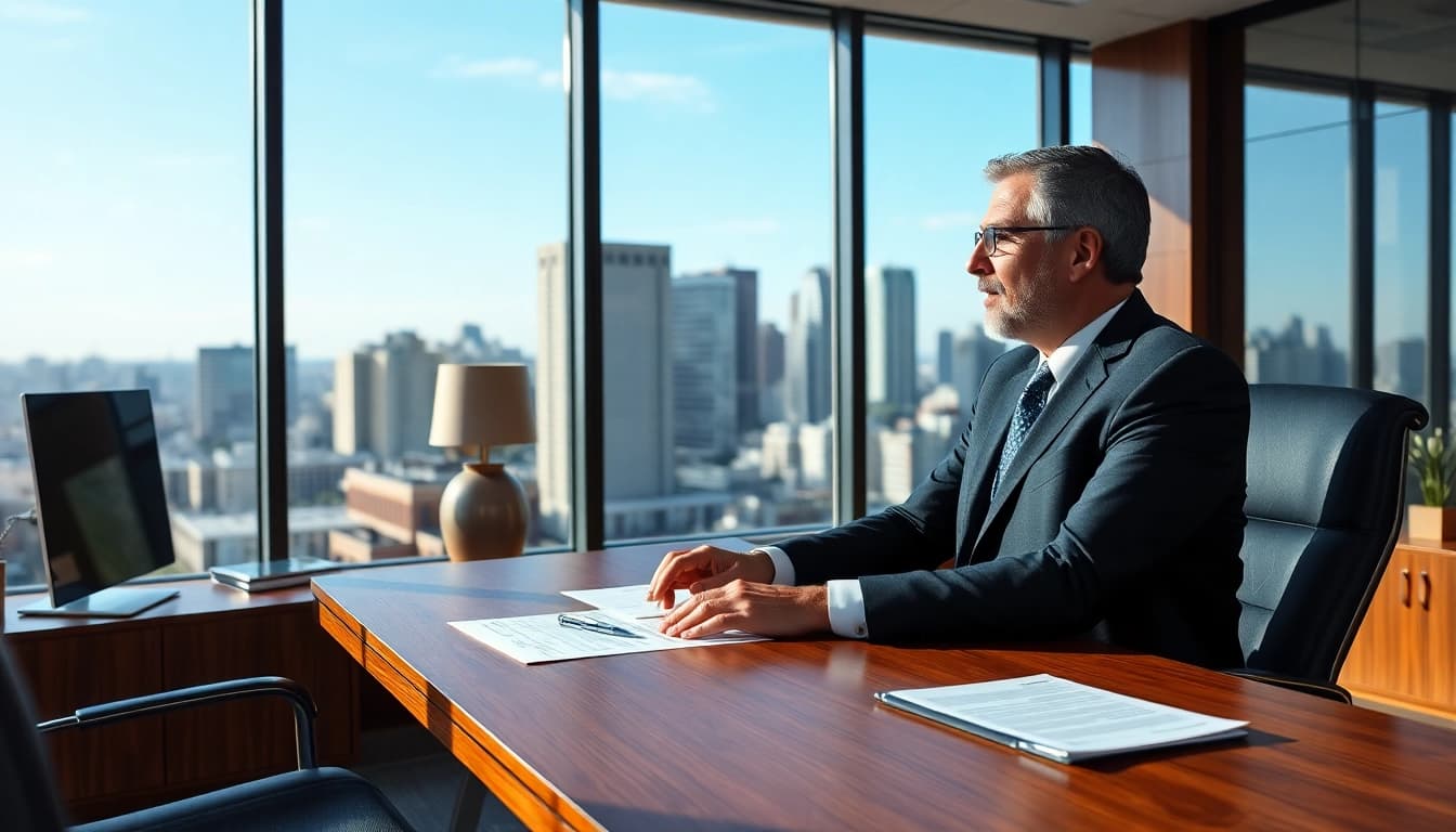 Eminent domain lawyer consulting with a client in a modern office environment.
