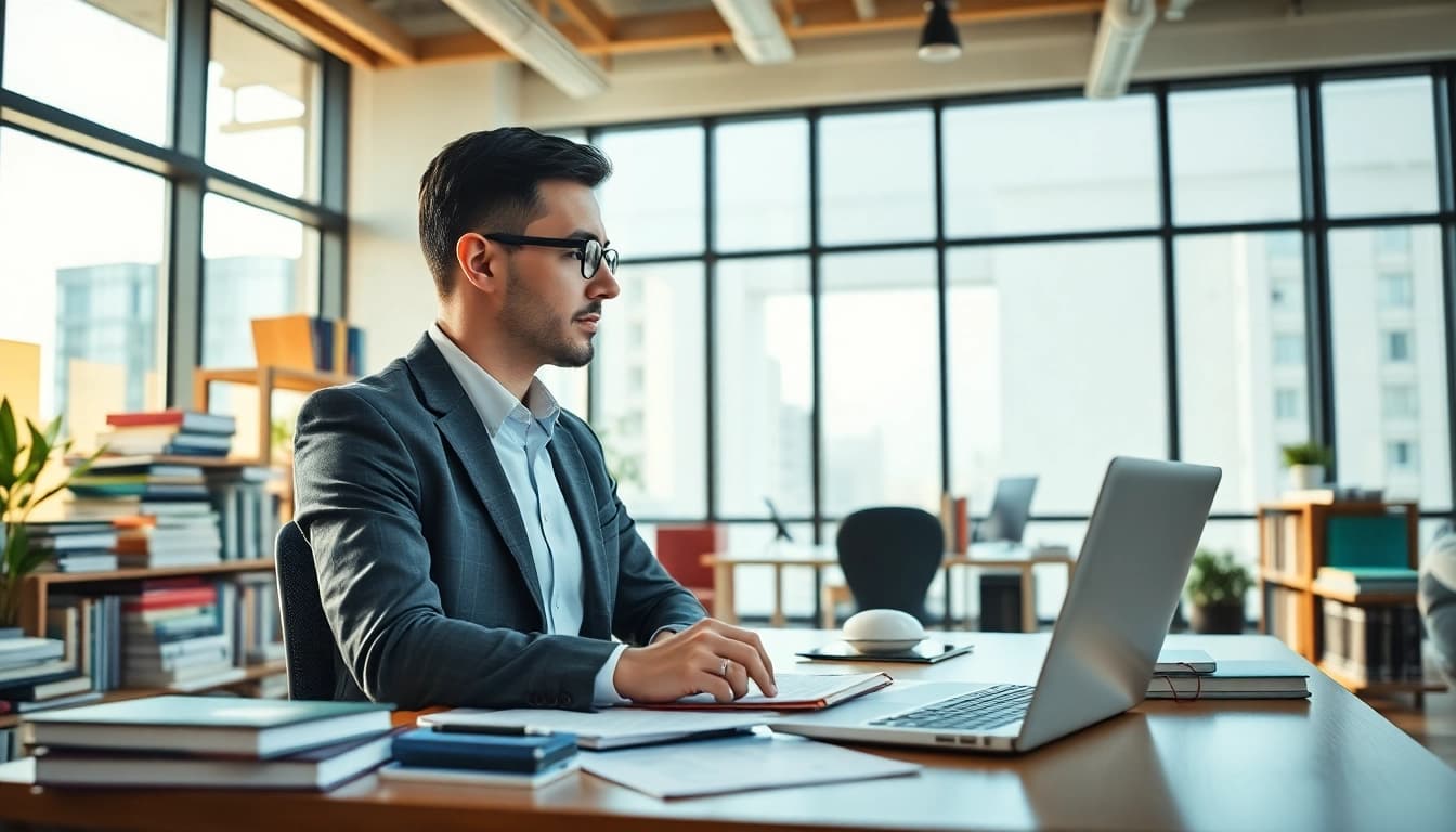 Enhance your language skills with https://www.elitetranslingo.com, showcasing a professional linguist in a vibrant office.