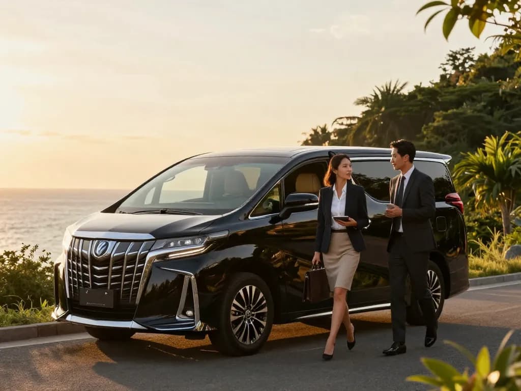 cho thuê xe Toyota Alphard tại một điểm ngắm cảnh ven biển trong lúc hoàng hôn, thể hiện du lịch sang trọng.