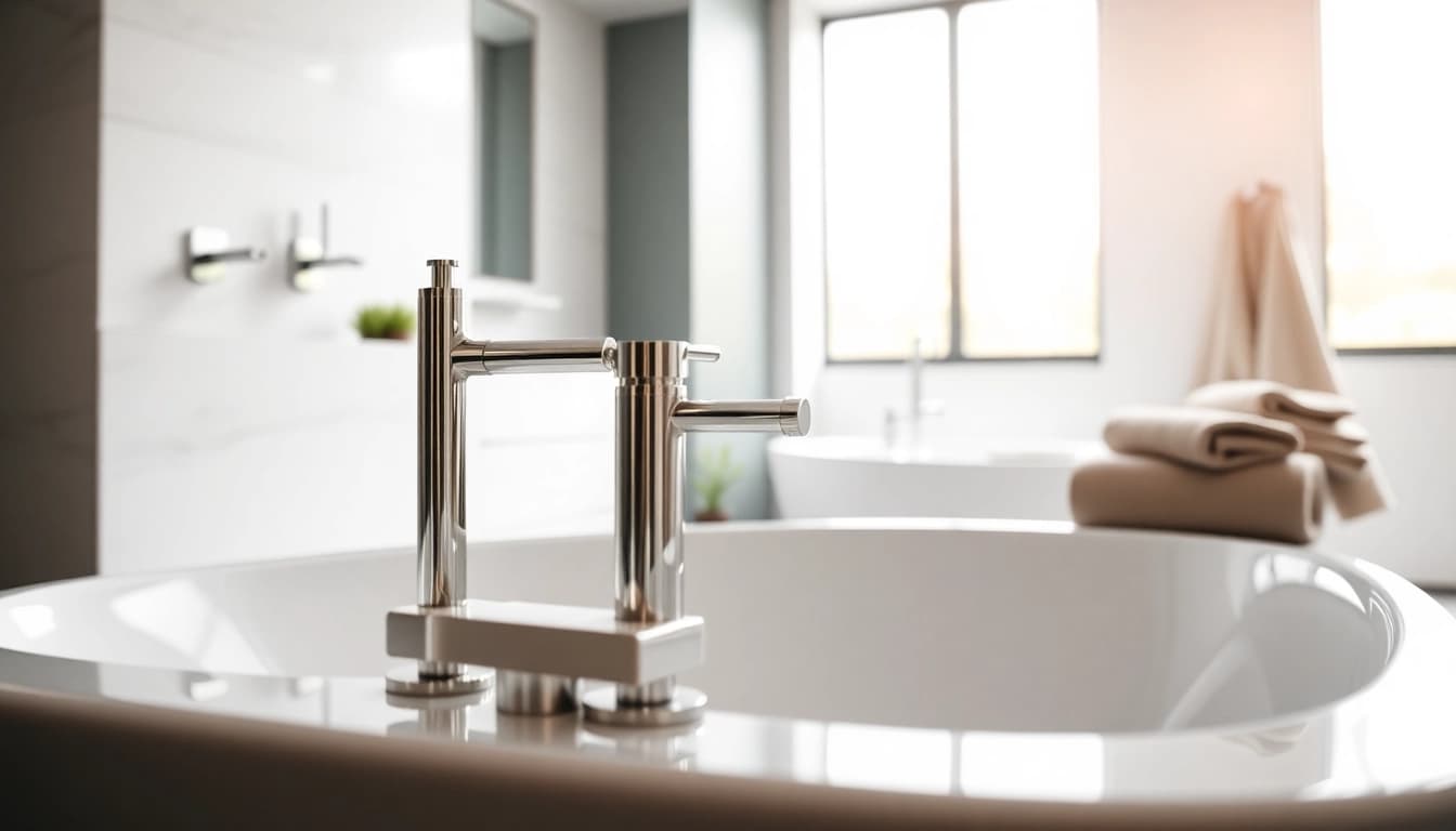 Showcasing bath supply and installation with modern fixtures in a stylish bathroom
