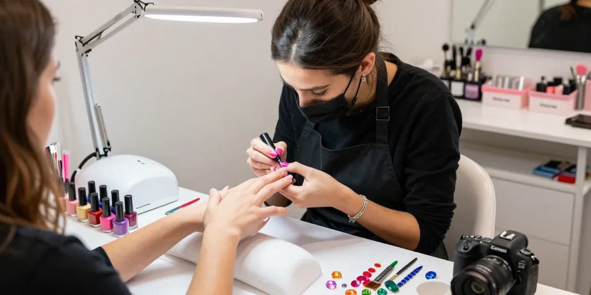 Tehnician de unghii profesionist aplicând baza și top coat unghii lucioasă într-un salon de înfrumusețare chic.
