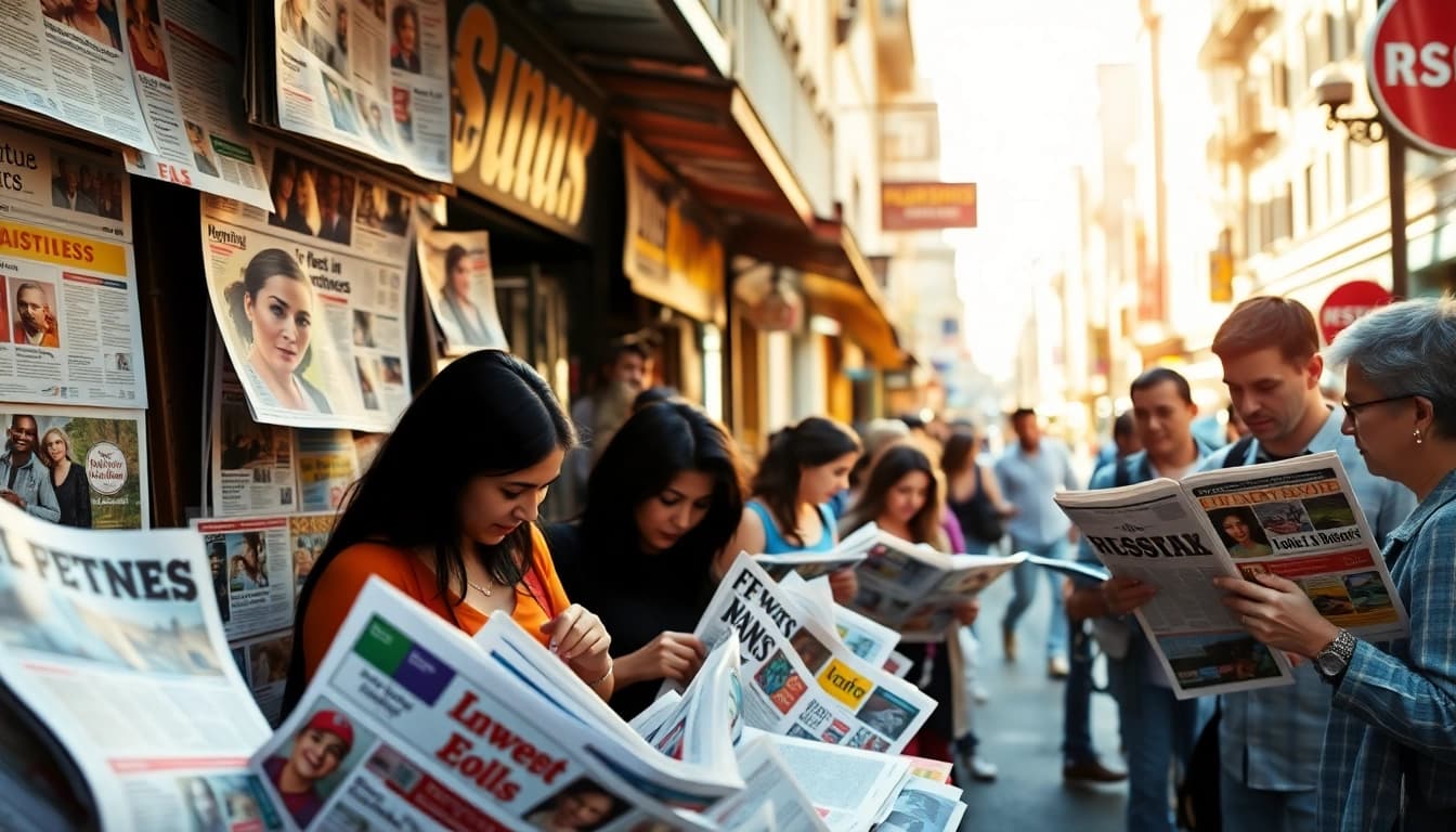 Newsstand in a lively city showcasing people engaging with diverse news sources.