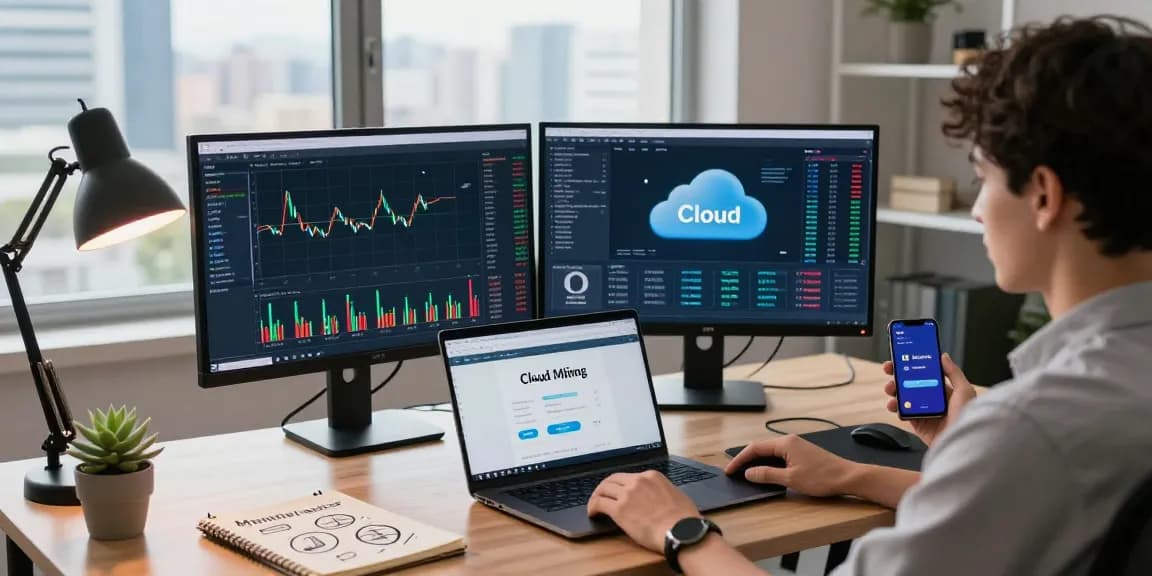 Cloud mining company setup featuring cryptocurrency dashboards and mining data.