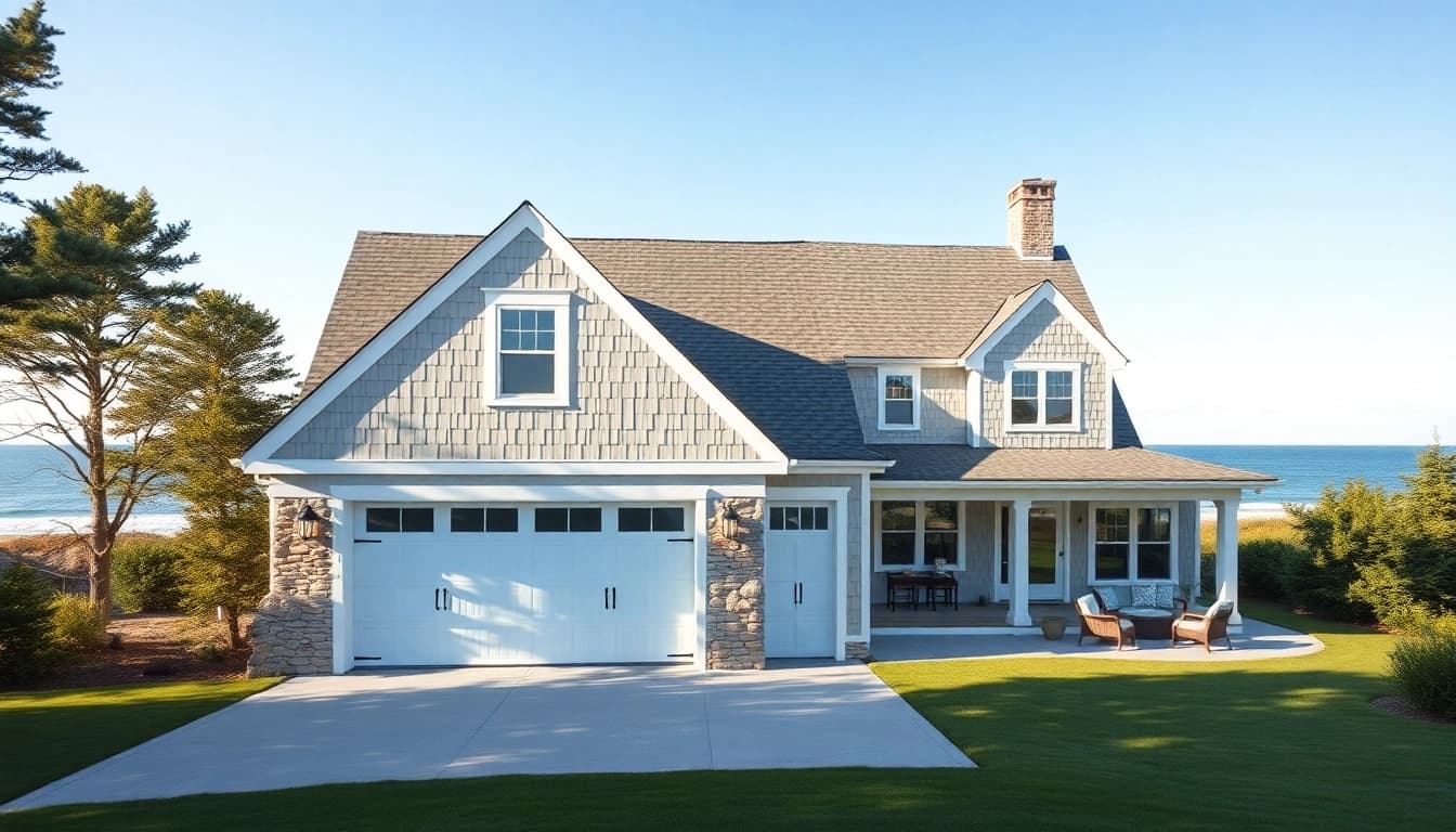 Cape Cod home with modern attached garage, showcasing coastal architecture and serene landscape.