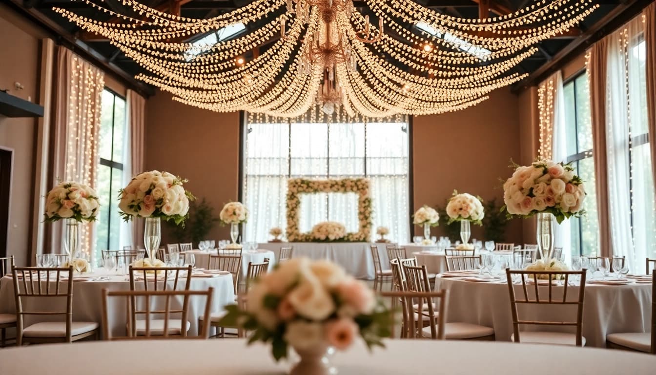 Veranstaltung im almas event center mit eleganter Tischdekoration und bezauberndem Licht.