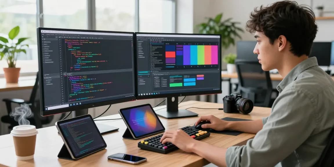 Developer coding on dual monitors in a modern workspace, showcasing 纸飞机下载 app interface.