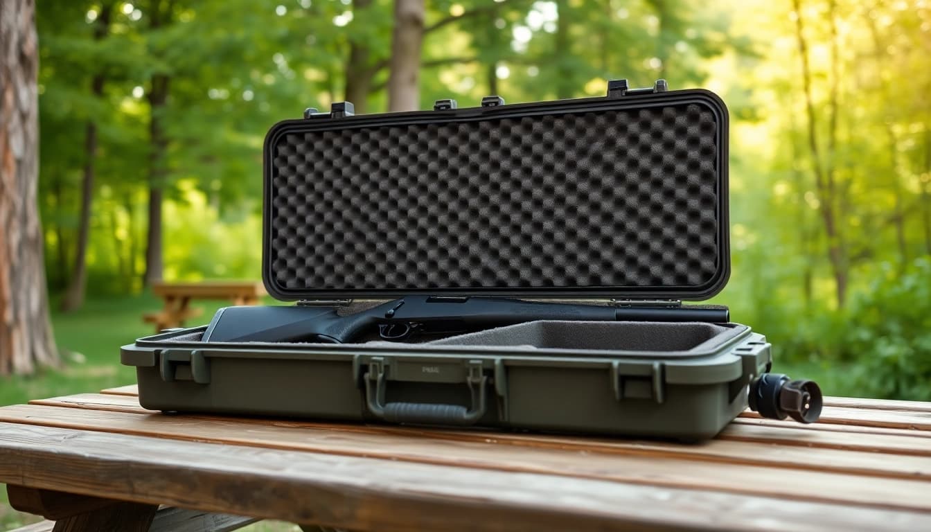 Showcasing a pelican rifle case with a rifle inside, highlighting its protective features and outdoor setup.