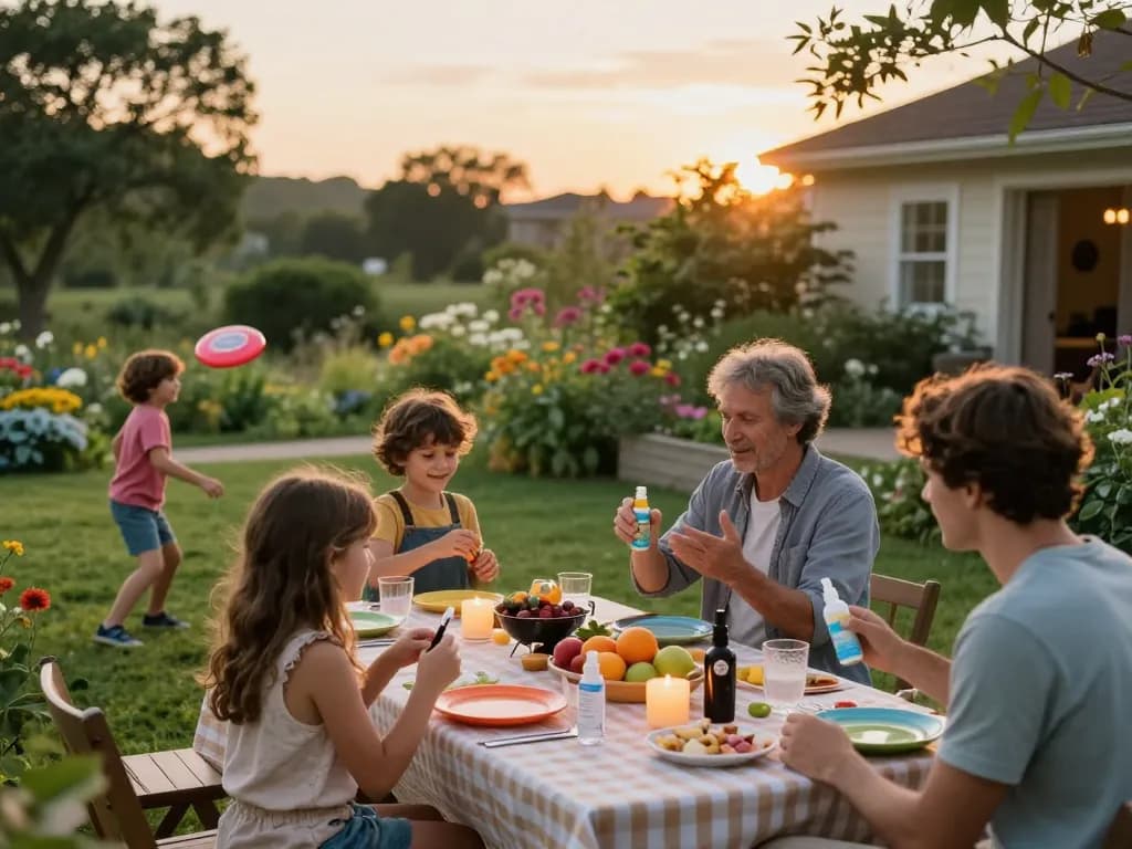Mosquito repellent products being enjoyed at an outdoor barbecue during sunset with families and friends.