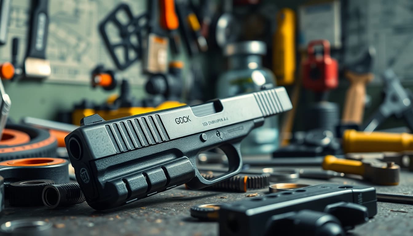 Examine the detailed Glock 19 slide OEM showcased in a professional workshop setting.