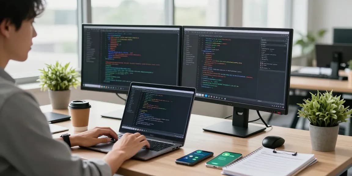 Efficient workspace for WhatsApp下載 showcasing modern tech setup with devices and engaging atmosphere.