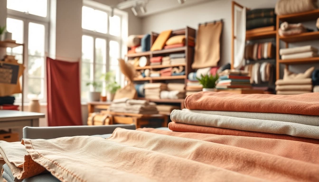 Bekijk canvas stof per meter in een prachtig verlichte stoffenzaak met verschillende kleuren.