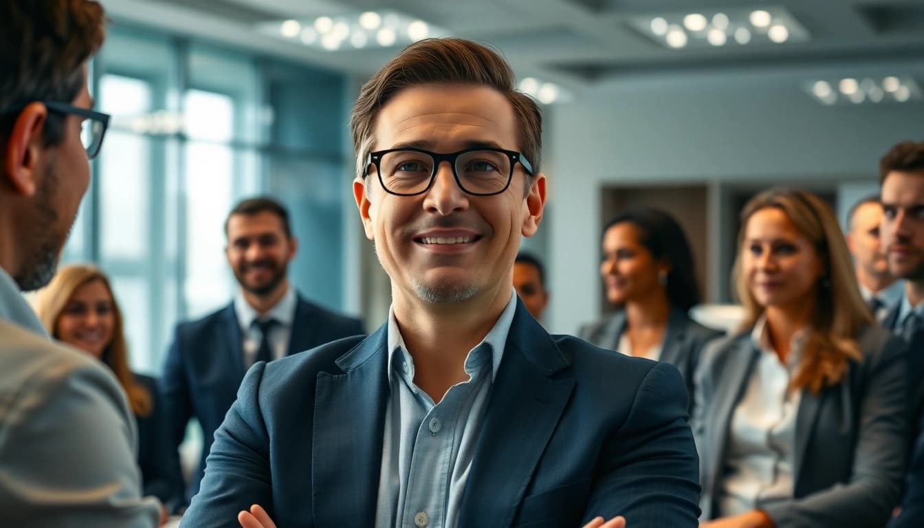 Showcasing Executive Presence, a confident leader interacting in a lively meeting environment.