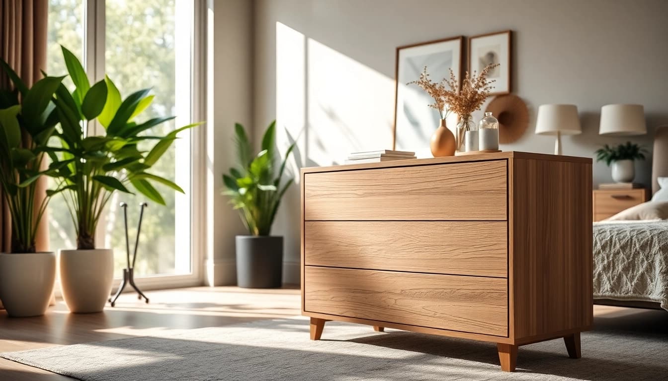Elegant chest of drawers enhancing a modern bedroom decor with natural sunlight.