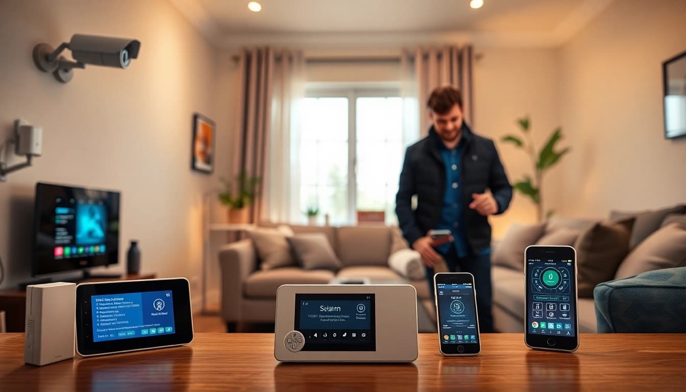 Tecnología de alarmas de seguridad mostrada en un hogar moderno con soporte amigable.