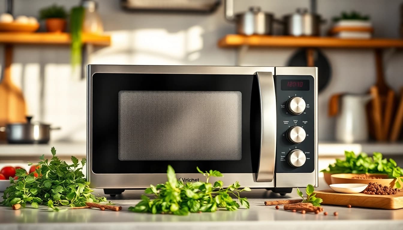 Microwave Oven on a kitchen countertop with fresh herbs and spices enhancing cooking ambiance.
