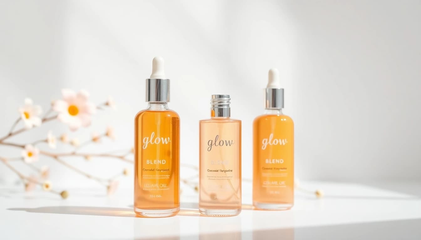 Enhance your skincare routine with Glow Blend oil, beautifully displayed with elegant bottles.