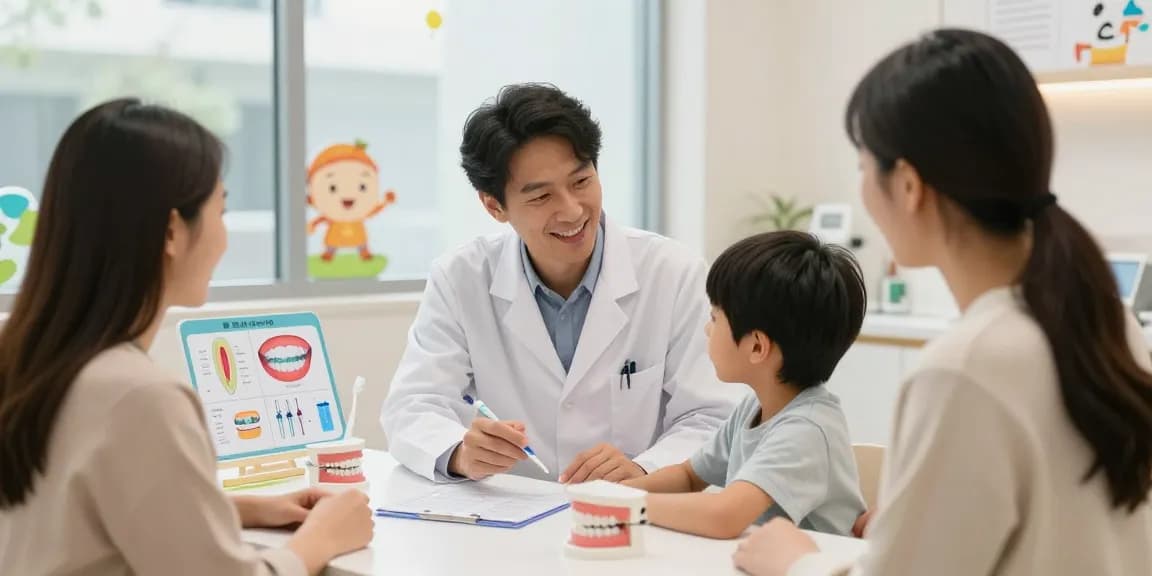 Child discussing dental braces with an adult orthodontist in a friendly clinic setting.