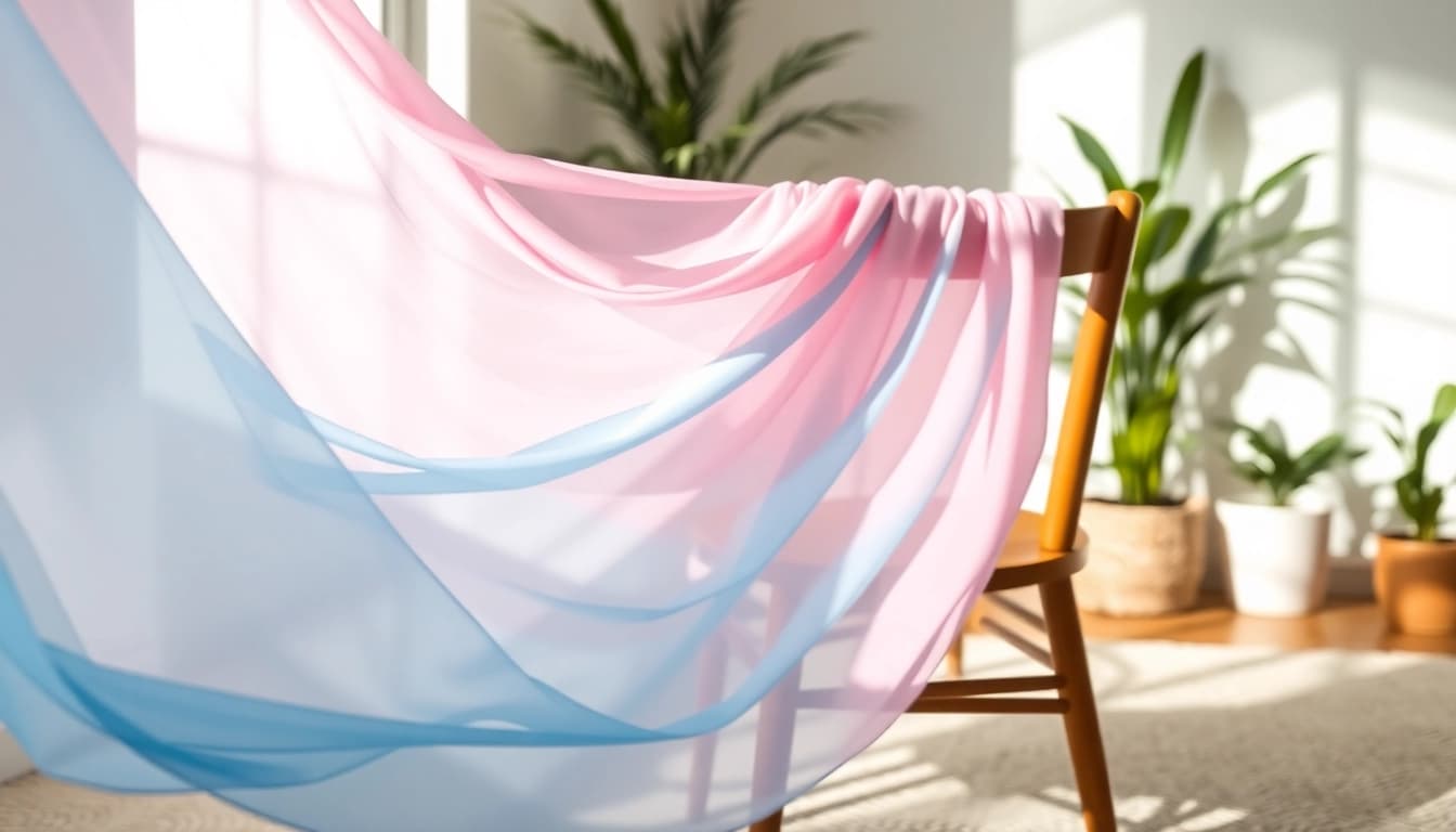 Chiffon stof elegant op een houten stoel in een zonnige kamer.