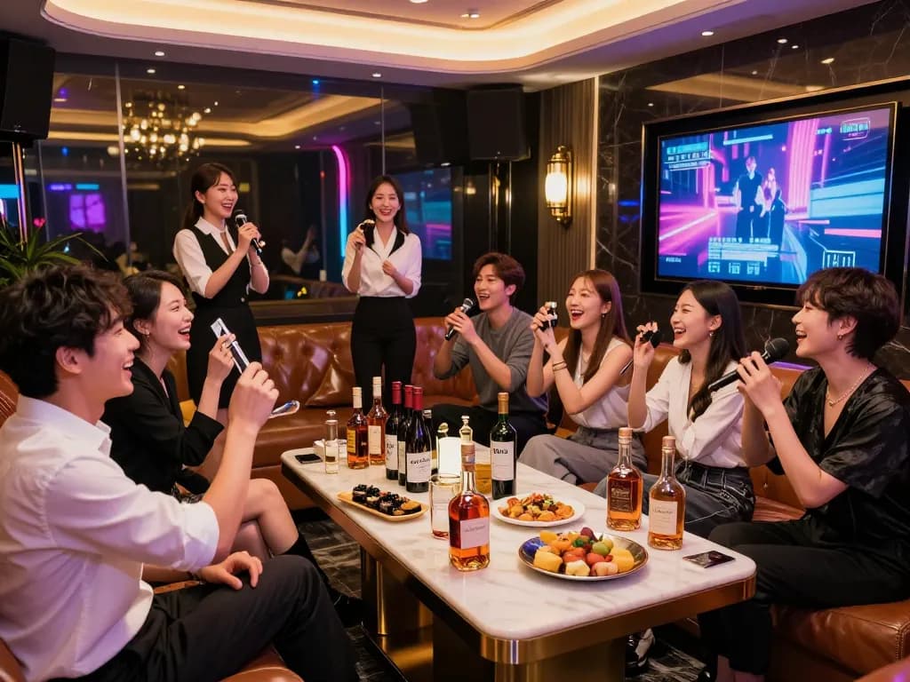 Vibrant nightlife at https://www.gangnamtune.com featuring stylish karaoke bar scene with luxe ambiance and delicious drinks.