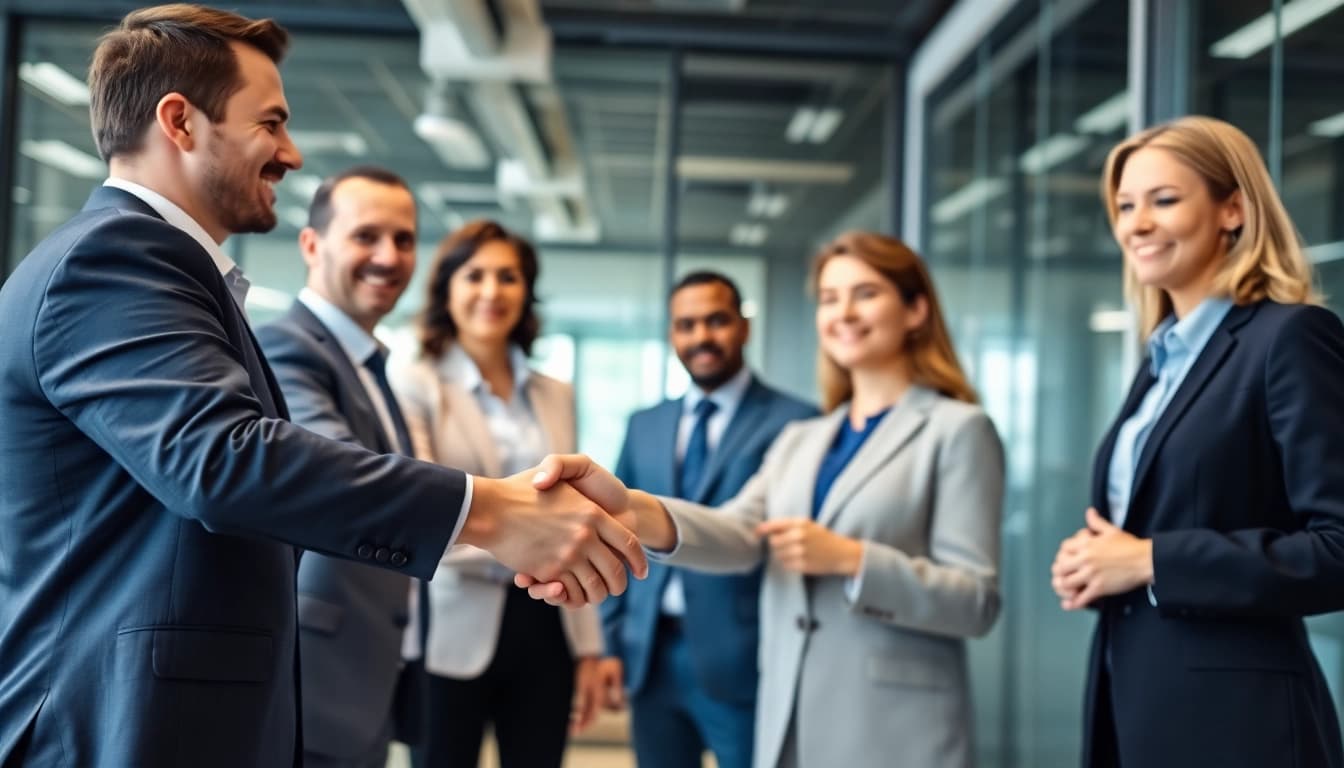 Engaged business professionals sealing Federal and State contracts in a modern office setting.