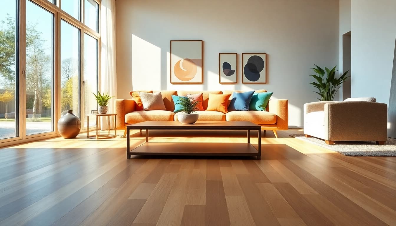 Lvp waterproof flooring in a bright living room with stylish decor and natural light.