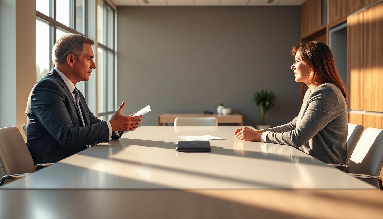 Mediation session with a professional mediator facilitating discussion between clients.
