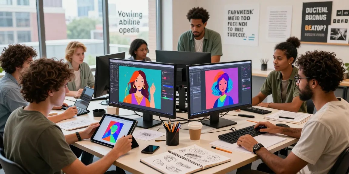 AI porn artists collaborate on vibrant digital content creation in studio