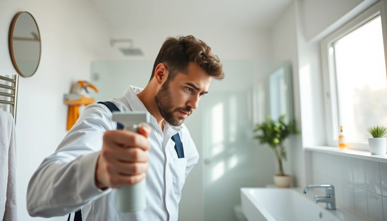 Remove insects in bathroom removal with an exterminator using professional tools in action.