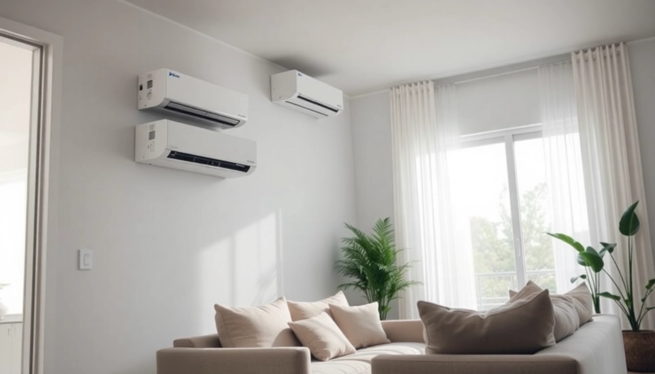 Showcasing an elegant Daikin mini split ac installation in a cozy living room setting with modern decor.