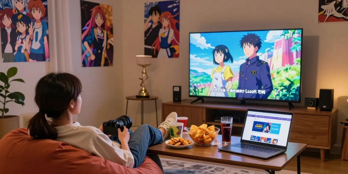 Menonton anime di AnimePlay dengan suasana nyaman dan penuh warna di ruang tamu.